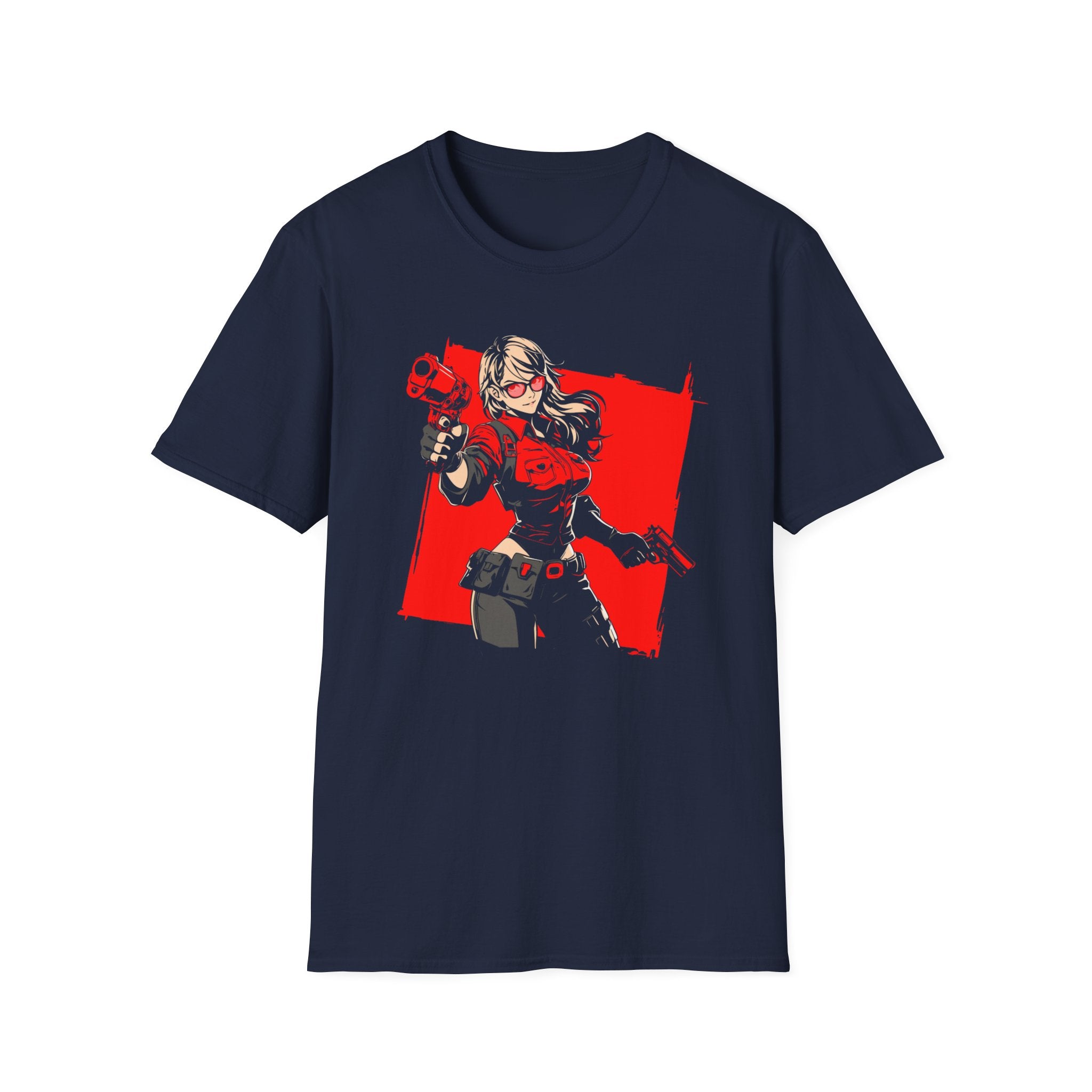 Gamer Girl Gunslinger Graphic T-Shirt — Red Comic Gun Heroine Tee