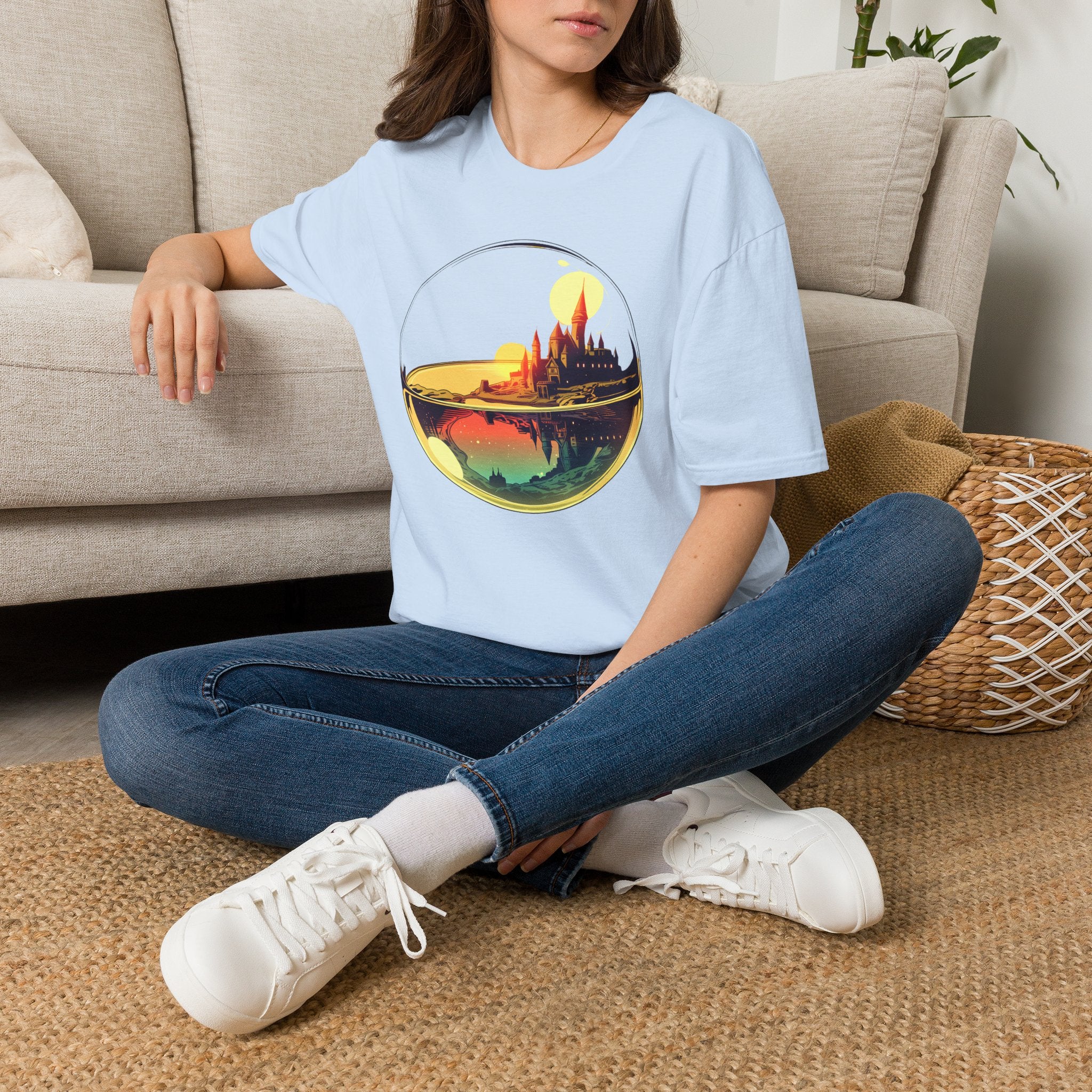 Fantasy Castle in Crystal Ball T-Shirt - Glass Orb Sunset Illustration