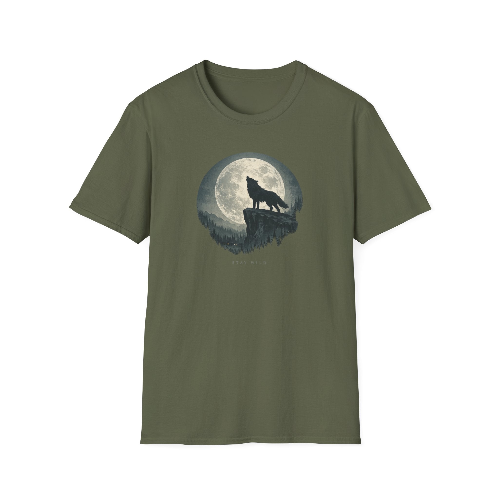 'Stay Wild' Wolf Howling at Moon T‑Shirt - Wilderness Moonlight Graphic Tee