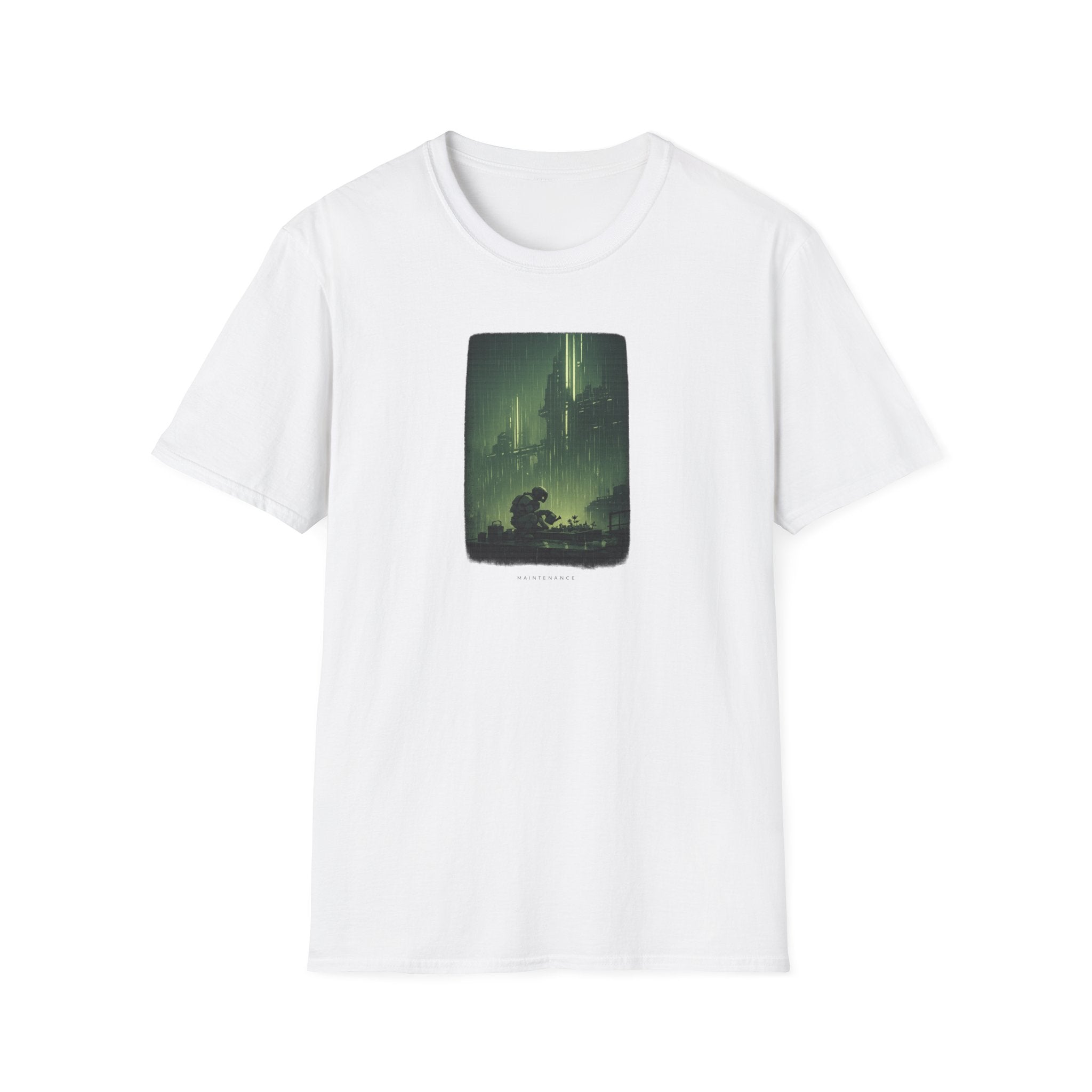 'Maintenance' Mode Retro Futuristic - Gardener Cityscape T-Shirt