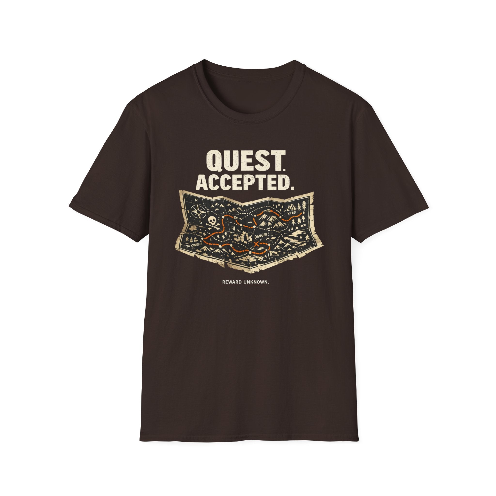 Quest Accepted, Reward Unknown T-Shirt — Vintage RPG Map Tee for Gamers & Adventurers