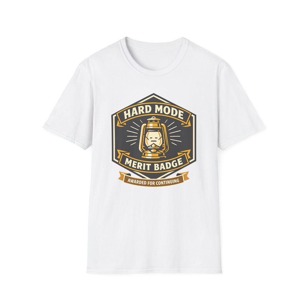 Hard Mode Merit Badge T‑Shirt — Retro Lantern Gaming/Outdoors Crew Tee