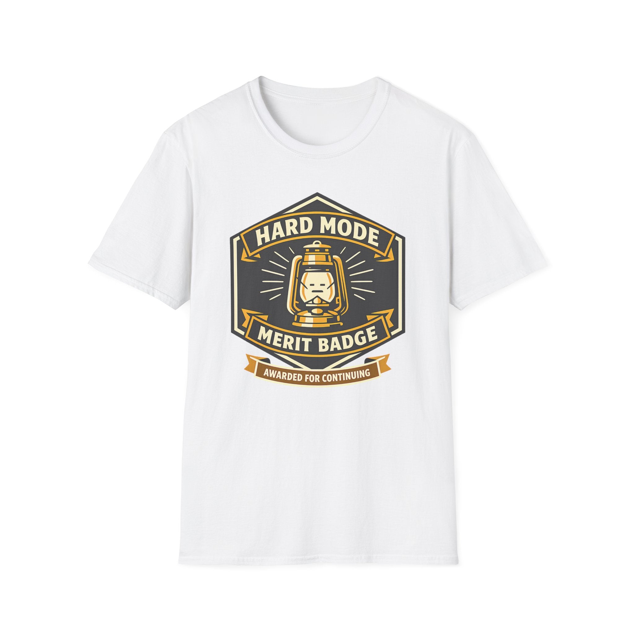 Hard Mode Merit Badge T‑Shirt — Retro Lantern Gaming/Outdoors Crew Tee