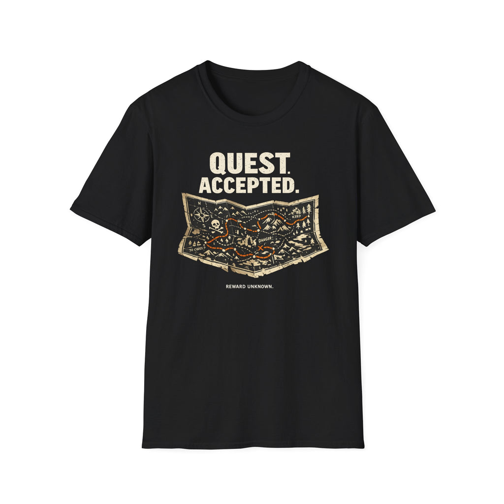 Quest Accepted, Reward Unknown T-Shirt — Vintage RPG Map Tee for Gamers & Adventurers