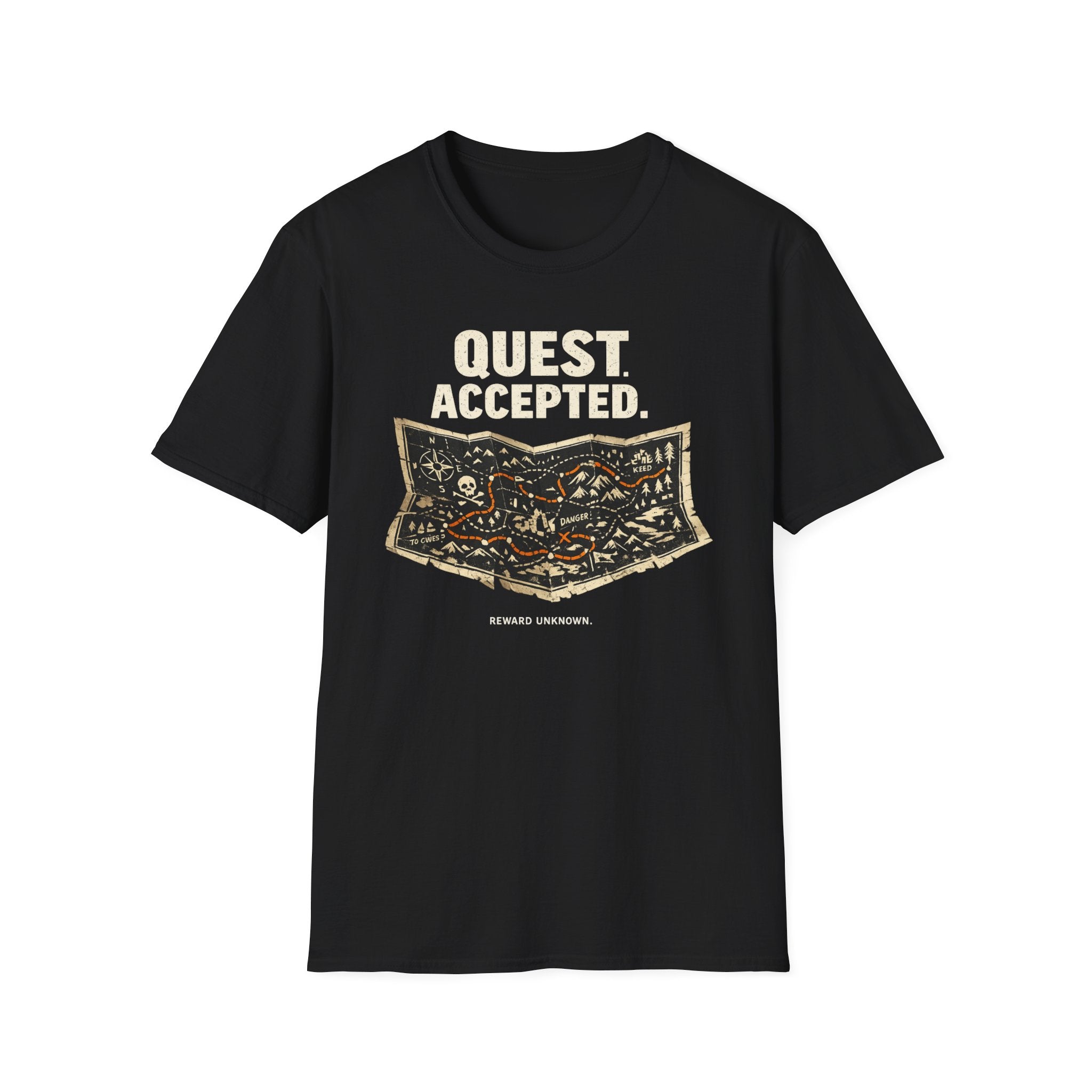 Quest Accepted, Reward Unknown T-Shirt — Vintage RPG Map Tee for Gamers & Adventurers