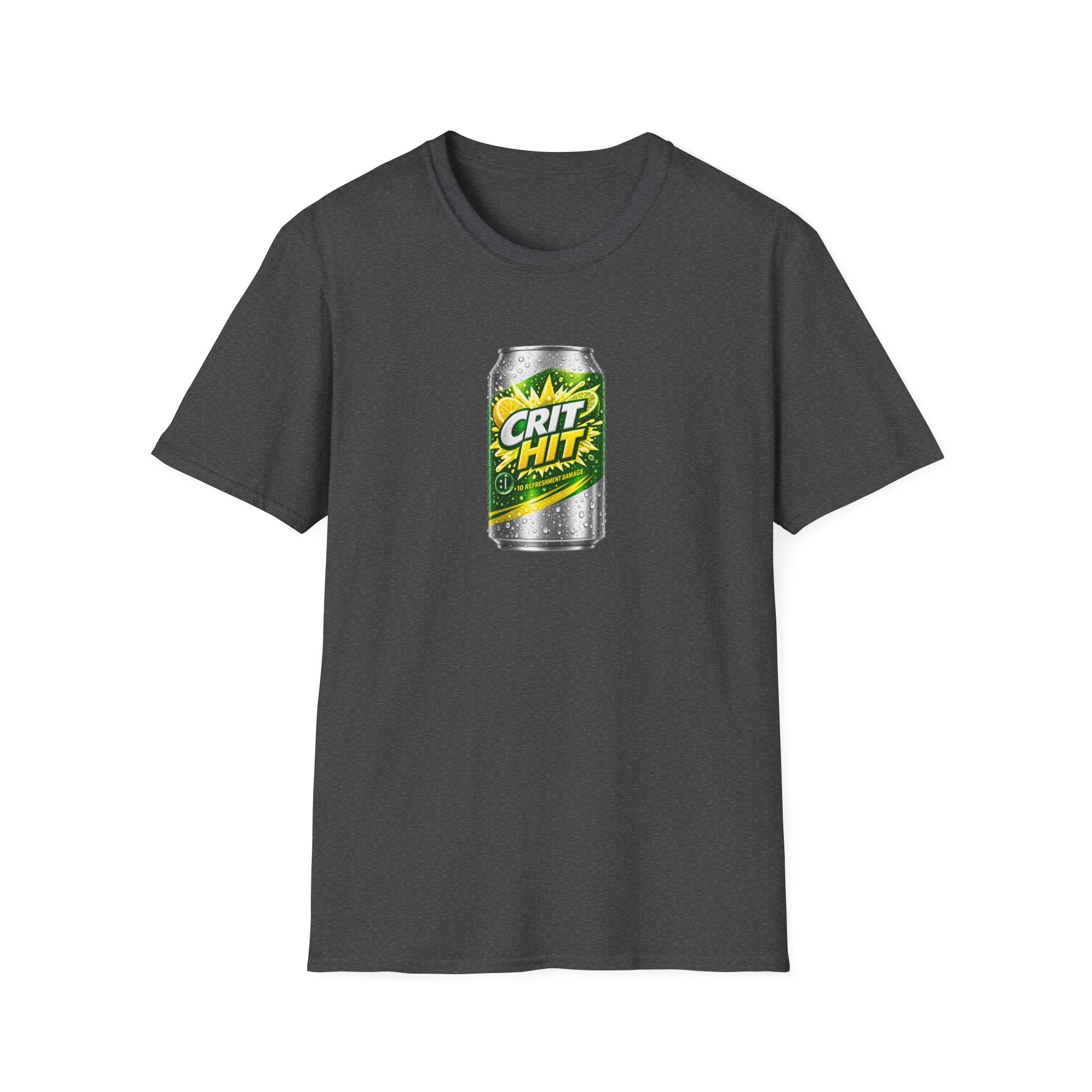 Crit Hit Citrus Soda Parody T-Shirt — Gamer Energy Drink Graphic Tee