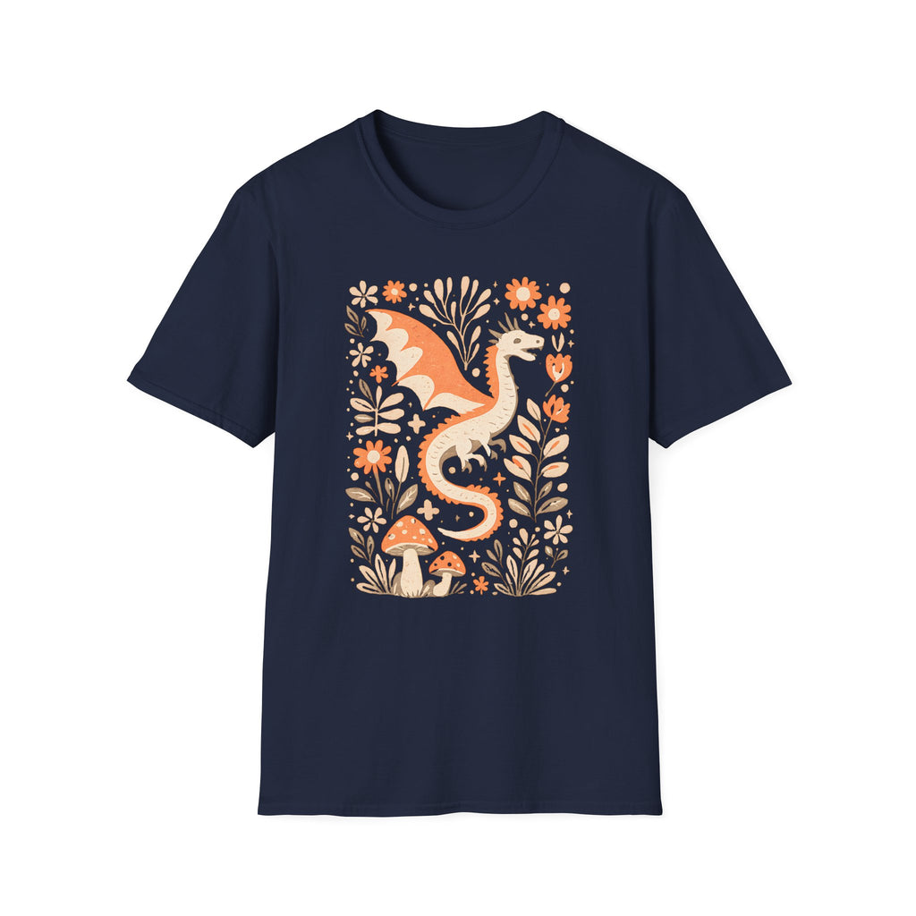 Whimsical Floral Dragon T-Shirt - Mushroom Garden Graphic Tee