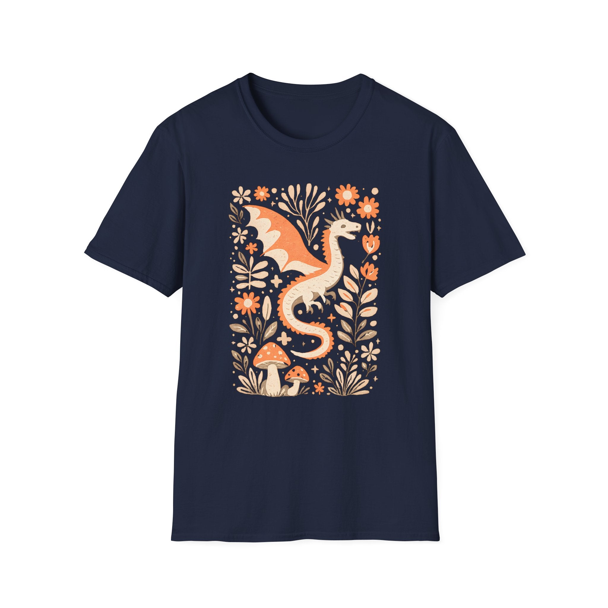 Whimsical Floral Dragon T-Shirt - Mushroom Garden Graphic Tee