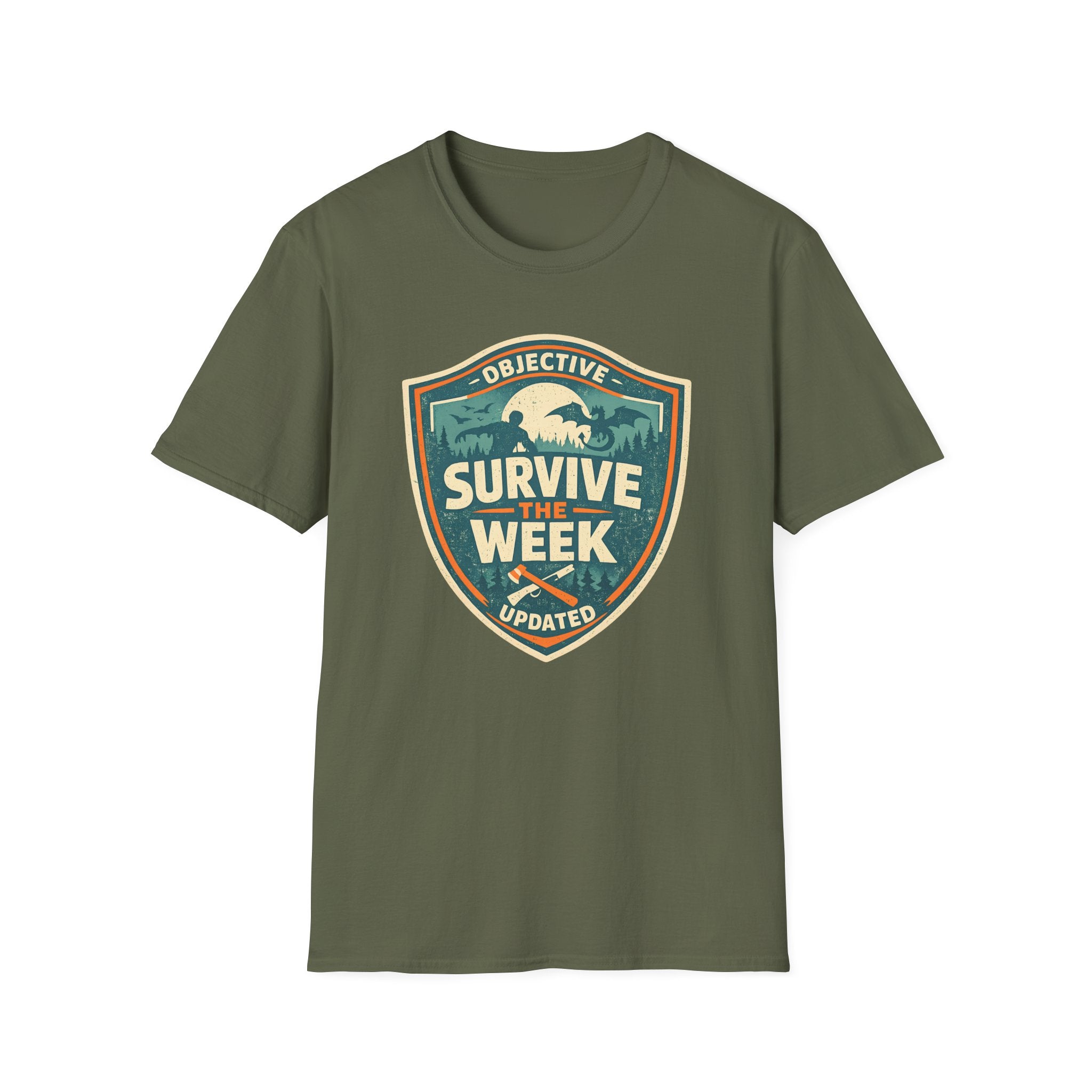 Survive The Week Shield T‑Shirt - Adventure Objective Updated Graphic Tee