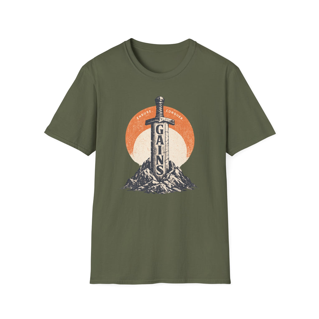 "Gains" Giant Sword T-Shirt — 'Endure Conquer' Vintage Fitness Tee