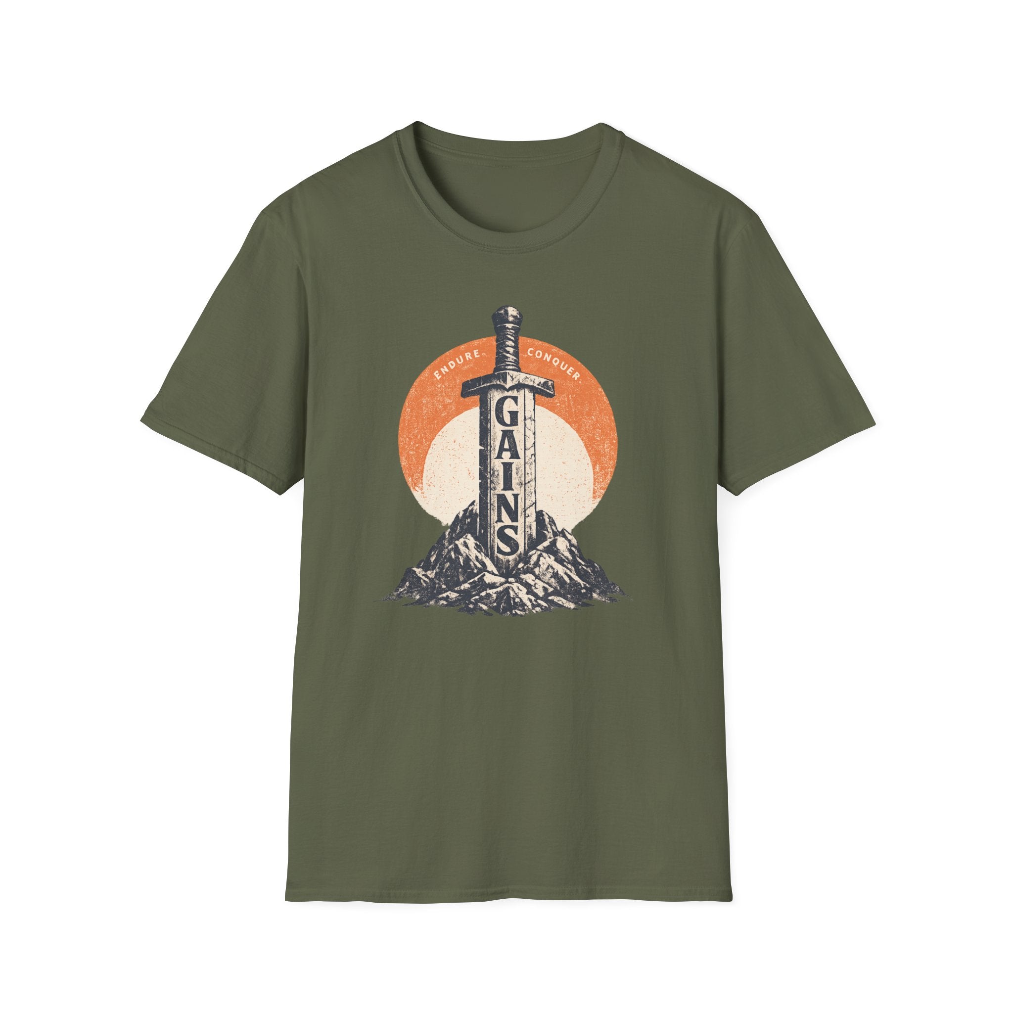 "Gains" Giant Sword T-Shirt — 'Endure Conquer' Vintage Fitness Tee