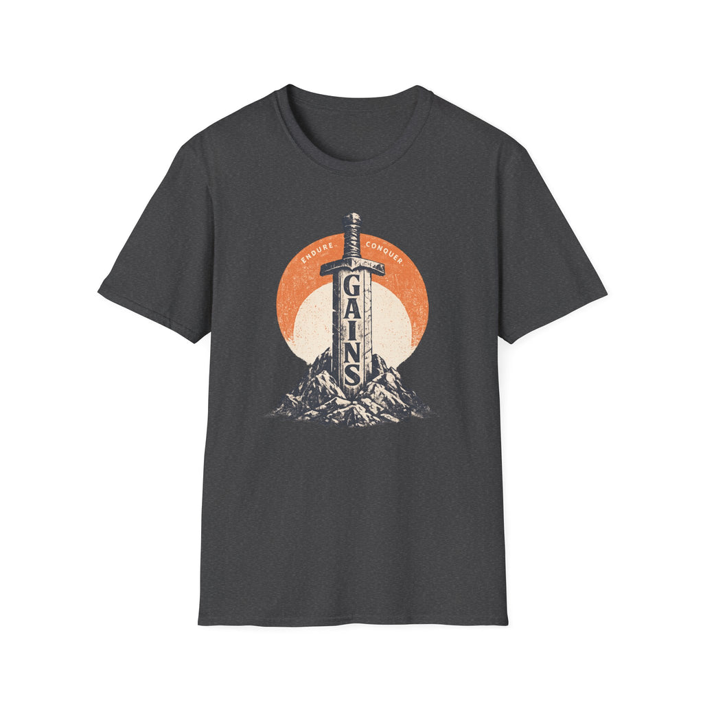 "Gains" Giant Sword T-Shirt — 'Endure Conquer' Vintage Fitness Tee