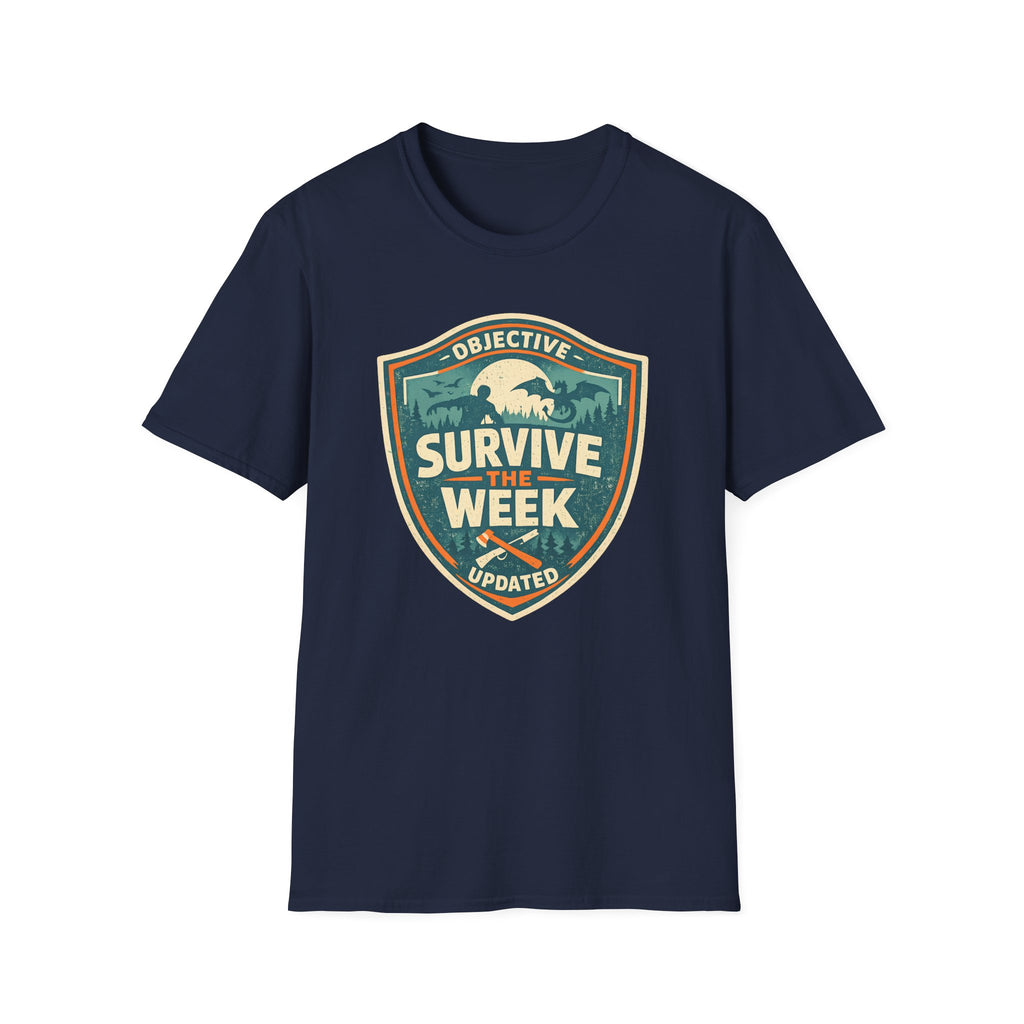 Survive The Week Shield T‑Shirt - Adventure Objective Updated Graphic Tee
