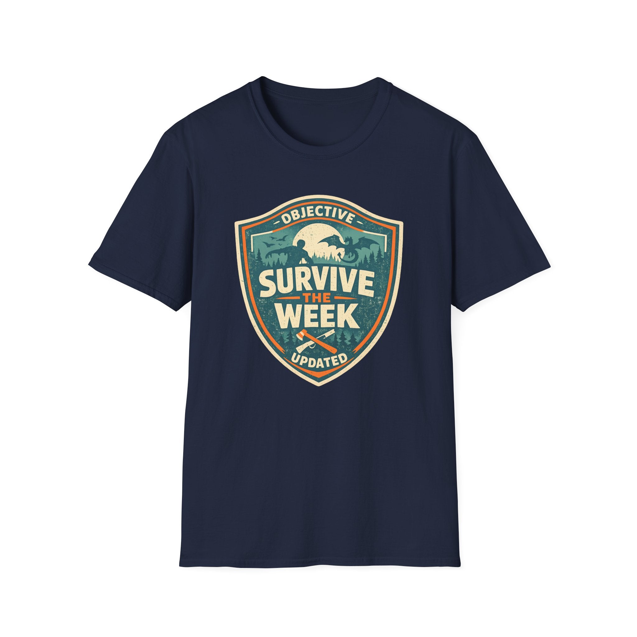 Survive The Week Shield T‑Shirt - Adventure Objective Updated Graphic Tee