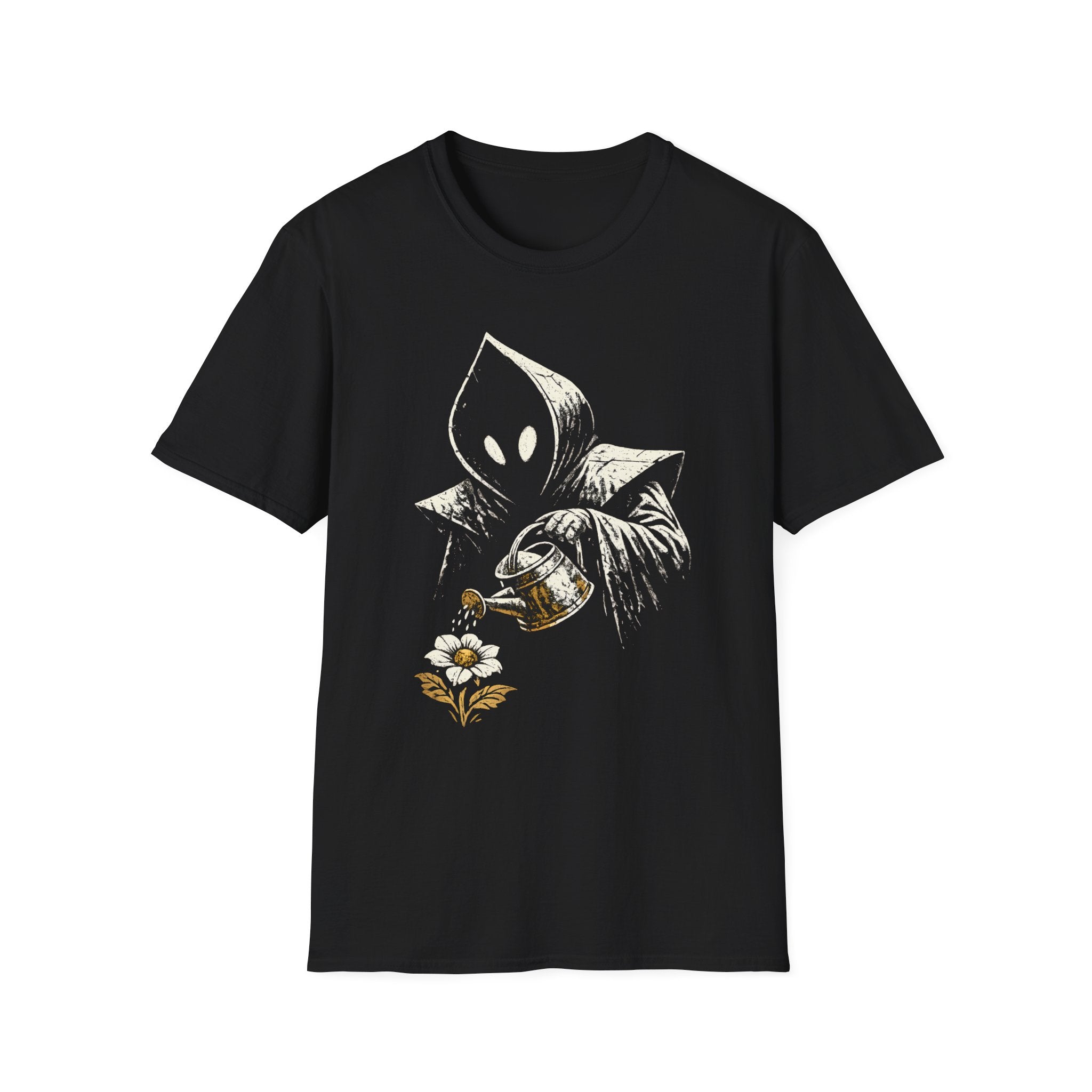 Hooded Figure Watering Flower Graphic T-Shirt (Flatwoods Monster Tee)